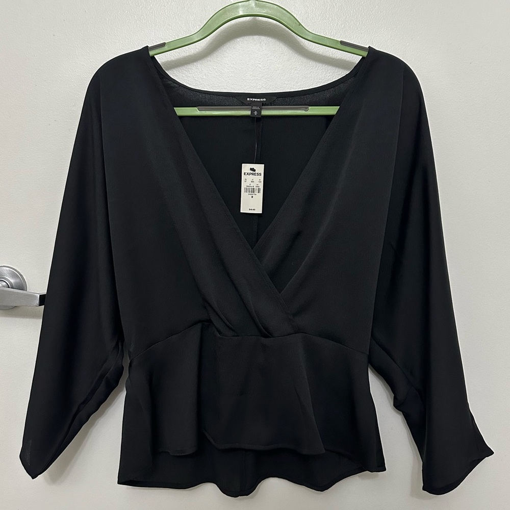Express Satin Wrap Front Dolman Sleeve Peplum Blouse
